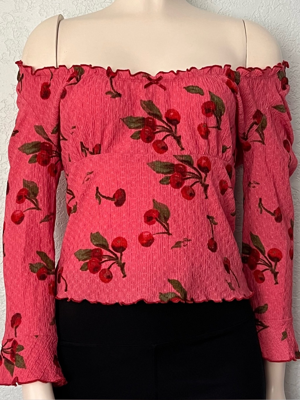 Kimchi Blue Cherry Print Smocked Top Medium Off Shoulder Bell Sleeve Cottagecore